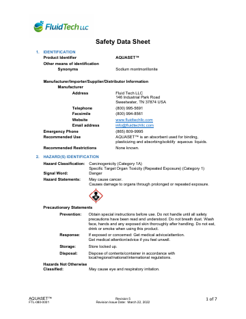 First page of the AQUASET® Safety Data Sheet