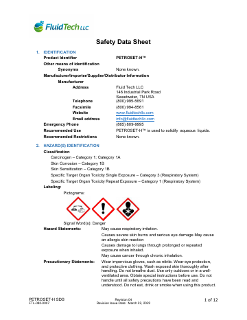 First page of the PETROSET H™ Safety Data Sheet