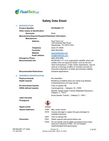 First page of the PETROSET II™ Safety Data Sheet