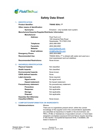 First page of the TRANS SEAL I™ Safety Data Sheet