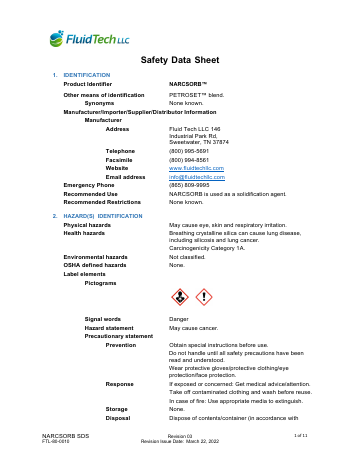 First page of the NARCSORB™ Safety Data Sheet