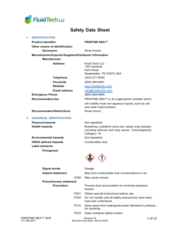 First page of the PRISTINE SEA™ Safety Data Sheet