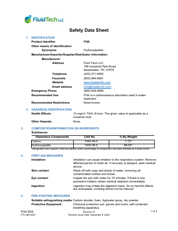 First page of the FHA™ Safety Data Sheet