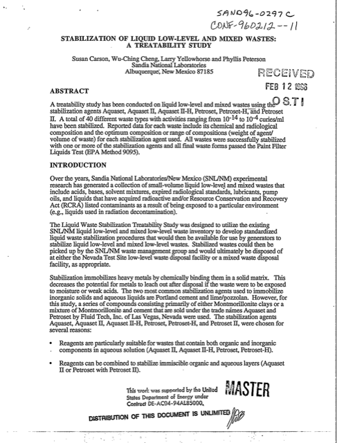 First page of the 1996 Sandia National Laboratories treatability study